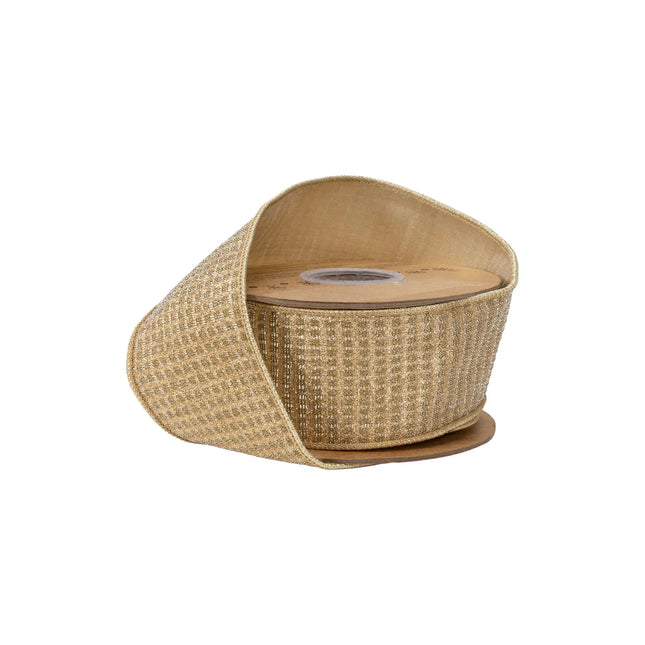 2 1/2" wired ribbon, shimmering gold sparkle weave with matching gold metallic backing for holiday decor