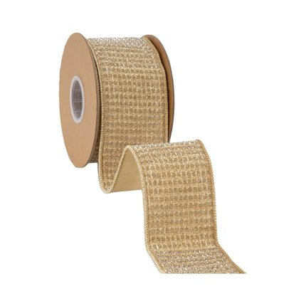 2 1/2" wired ribbon with luminous gold sparkle finish and coordinating gold metallic backing accents
