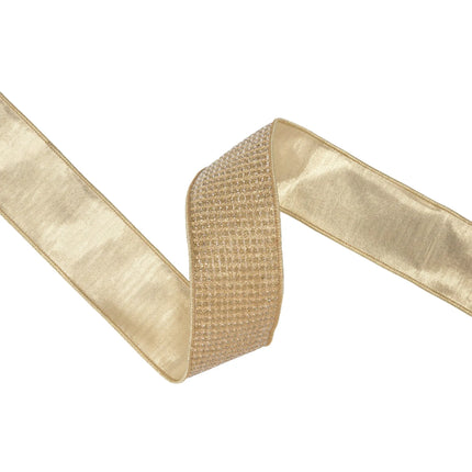 decorative wired ribbon, bold gold sparkly weave with polished gold metallic backing for statement styling