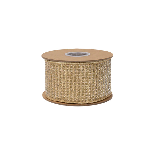 Wide gold sparkle wired ribbon, featuring glittering grid texture and reflective gold metallic reverse side