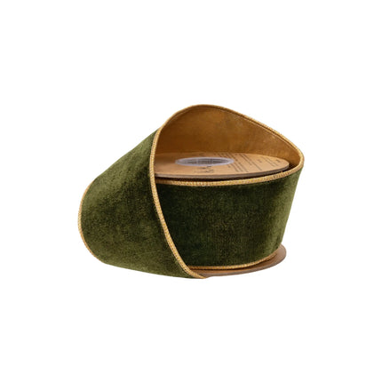 2 1/2" wired olive green premium velvet ribbon with metallic gold backing, ideal for rustic fall wreath