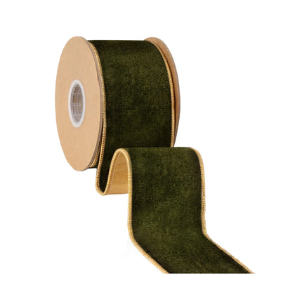 Rich dark green velvet wired ribbon with shiny gold lining, 2.5-inch width for holiday gift bows.