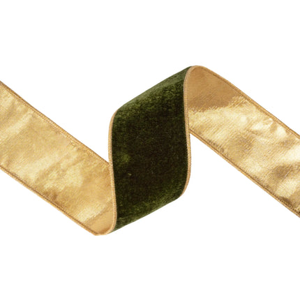 Earth-toned green velvet wired ribbon with gold inner lining perfect for neutral wedding 