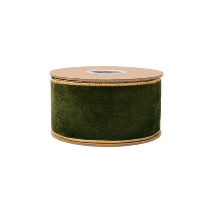 Vintage olive green wired velvet ribbon with gold shimmer reverse, suited for home ornament crafts.
