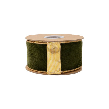 2 1/2" dual-sided wired velvet ribbon featuring plush forest green face and glossy gold backing