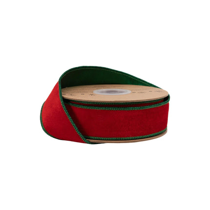 1 1/2" wired red soft velvet ribbon with metallic green backing, perfect for traditional Christmas wreath
