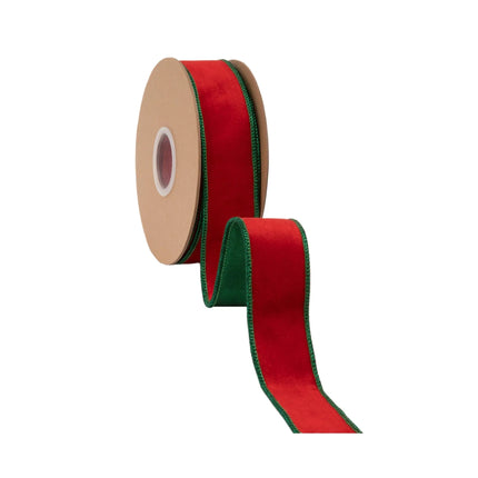 Classic red velvet wired ribbon with shiny green trim and green satin reverse, for festive holiday DIY crafts.