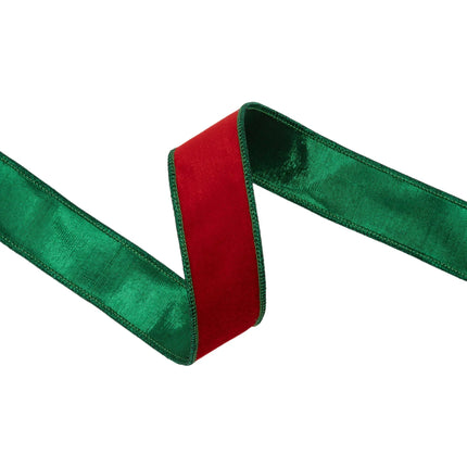 1.5-inch premium soft red velvet ribbon with metallic green backing for vintage seasonal gift wrapping details.