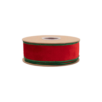 Holiday red wired velvet ribbon with green shimmer lining, suited for Christmas tree accents
