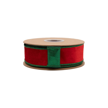 1 1/2" reversible velvet wired ribbon featuring plush red front and vibrant metallic green backing