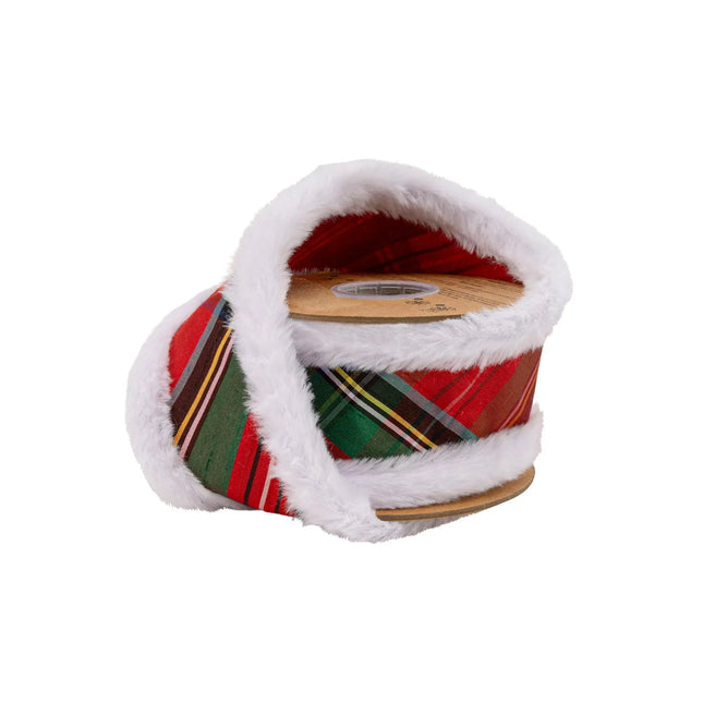 2 1/2" wired dupioni ribbon, classic Christmas plaid with fluffy white fur piping trim for cozy holiday decor