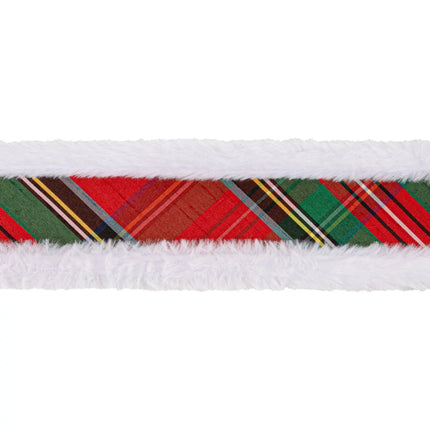 Whimsical holiday craft wired ribbon, classic plaid dupioni material finished with soft white fur piping edging