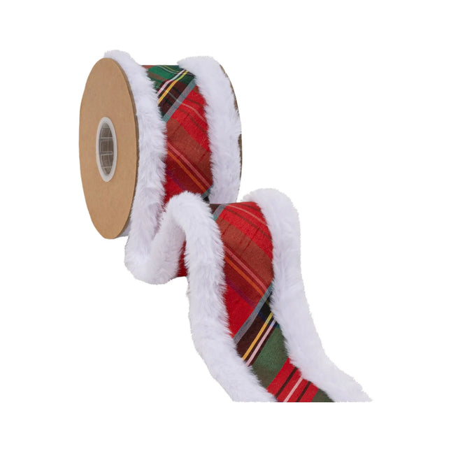 Festive tartan dupioni wired ribbon,  featuring traditional redâ€‘green plaid and soft fur edge detailing