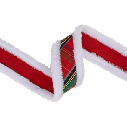 2 1/2"  wired ribbon, timeless Christmas plaid design bordered by fluffy white fur piping trim