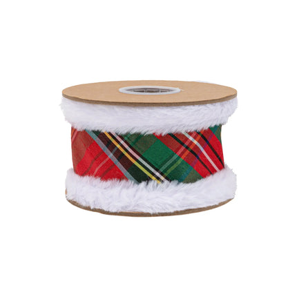 Cozy seasonal wired dupioni ribbon with vibrant holiday plaid pattern and fuzzy white fur piping accents
