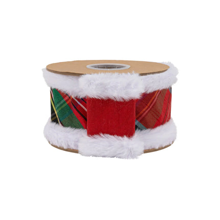 2 1/2" wired ribbon, woven Christmas plaid fabric accented with plush white fur piping trim