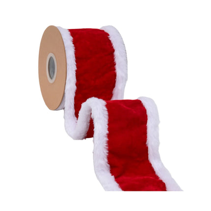 Classic Santa suit themed red plush velvet ribbon with white fur trim, 4-inch width for gift bows.