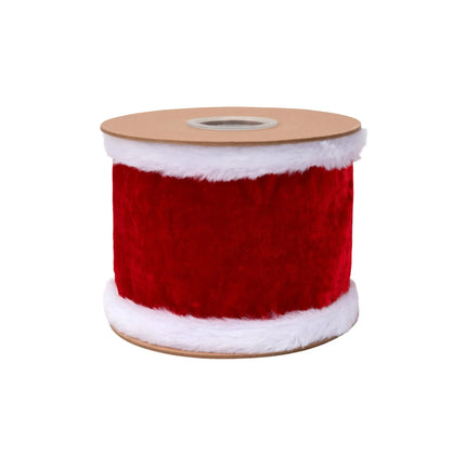 Cozy red velvet wired ribbon with faux fur piping, suited for Christmas tree wrapping 