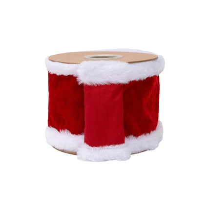 4" wired velvet ribbon featuring bright red body and soft white fur edge for winter floral arrangement