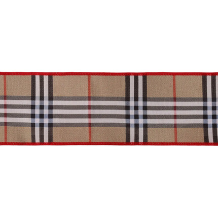 4-inch dupioni ribbon with iconic beige fashion plaid and red backing, ideal for festive tree trimming.