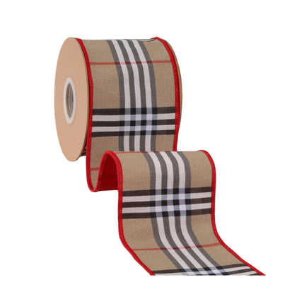 4" wired dupioni ribbon featuring classic beige plaid with red fused backing, great for holiday crafts.