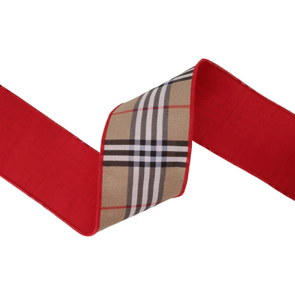 4-inch dupioni ribbon with iconic beige fashion plaid and red backing, ideal for festive tree trimming.