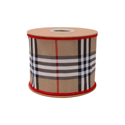 Wide beige fashion plaid dupioni ribbon, 4-inch wired with red backing, perfect for bold gift bows.