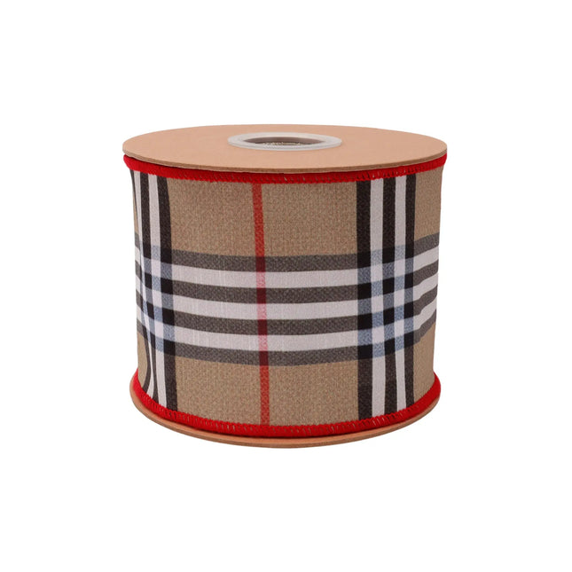 Wide beige fashion plaid dupioni ribbon, 4-inch wired with red backing, perfect for bold gift bows.