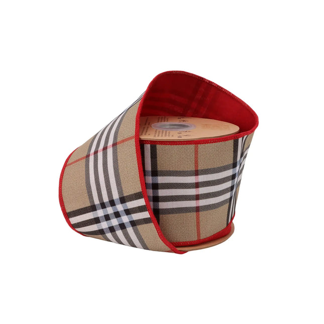 4" wired dupioni ribbon with beige fashion plaid and red fused backing, ideal for statement wreaths.