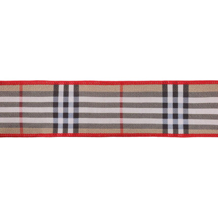 2.5-inch dupioni ribbon with beige fashion plaid and red backing, great for party decor.
