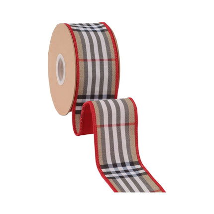 2 1/2" wired dupioni ribbon featuring beige plaid with red fused backing, great for gift wrapping.