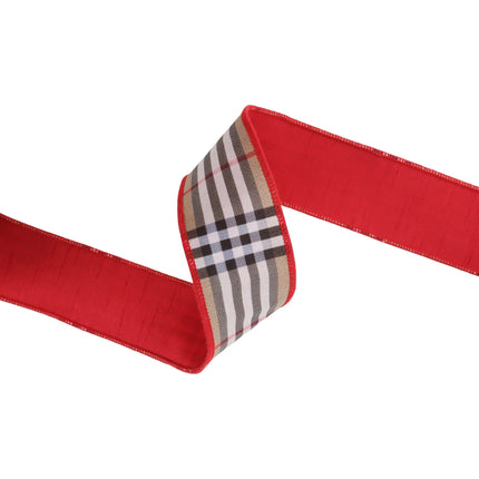 Trendy beige plaid wired ribbon with red backing, suited for seasonal home accents.