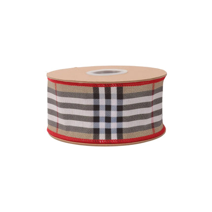 Beige fashion plaid dupioni ribbon, 2.5-inch wired with red backing, perfect for crafts.