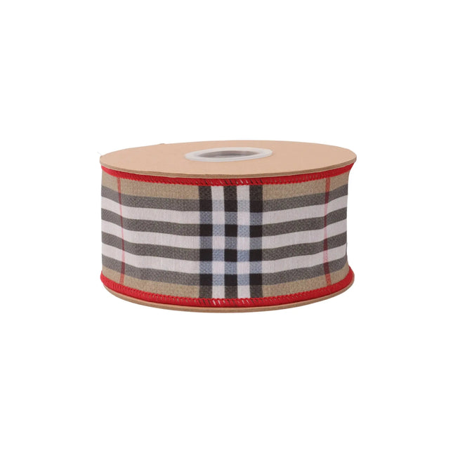 Beige fashion plaid dupioni ribbon, 2.5-inch wired with red backing, perfect for crafts.