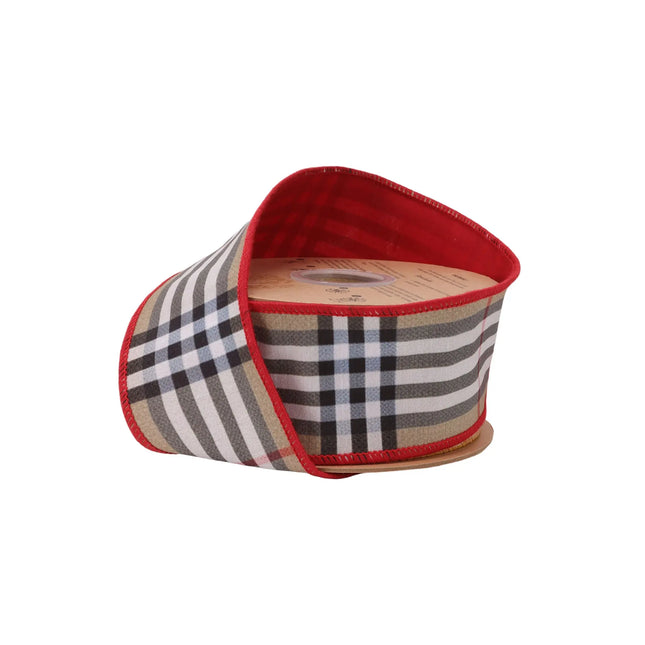 2 1/2" wired dupioni ribbon with beige fashion plaid and red fused backing, ideal for wreaths.