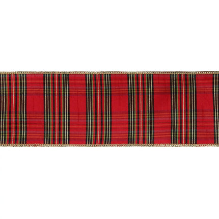 4" wired ribbon with burgundy metallic plaid pattern, suited for holiday crafts and tree decor.