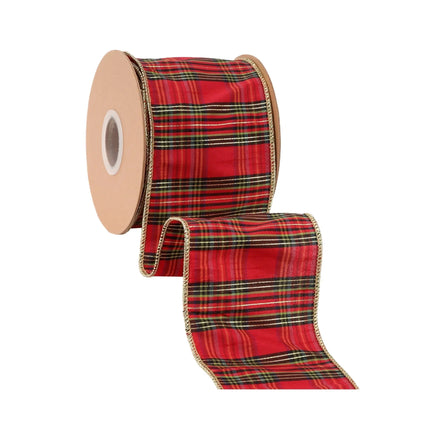 4-inch wired burgundy metallic plaid ribbon, ideal for Christmas and seasonal decor projects.