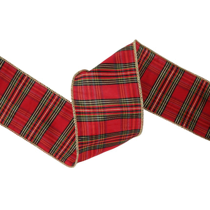 Burgundy metallic plaid wired ribbon, 4" width, great for crafting and home accents.