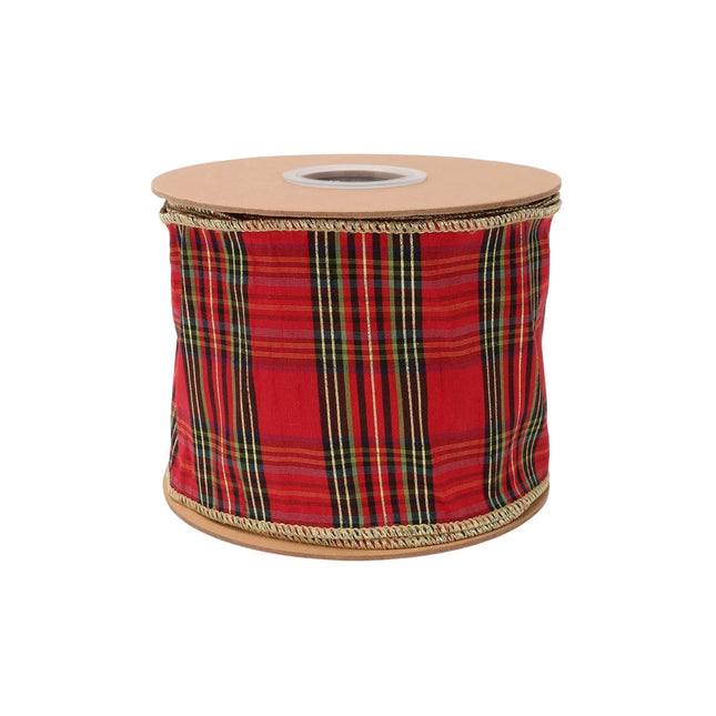 Wide burgundy metallic plaid wired ribbon, 4-inch width for statement gift wrapping.