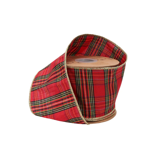 4" wired burgundy metallic plaid ribbon, perfect for holiday wreaths and festive bows.
