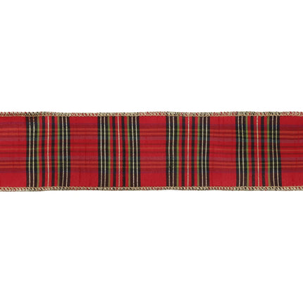 Holiday metallic plaid wired ribbon in burgundy red tones, suited for Christmas tree trimming