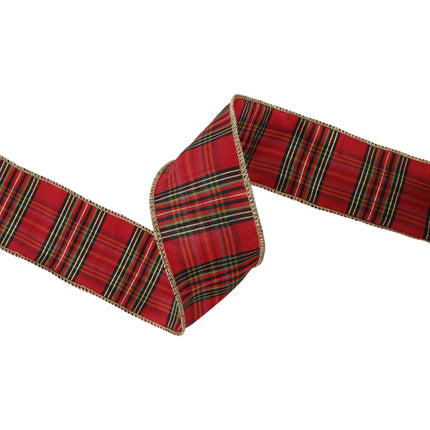 2.5-inch wired tartan ribbon with gold metallic detailing for vintage winter gift wrapping decorative accents.