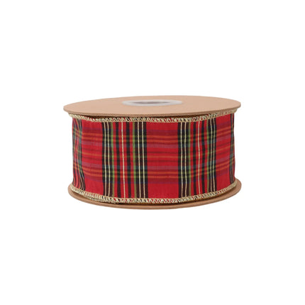 Classic red tartan wired ribbon woven with metallic gold threads, 2.5-inch width for handmade festive gift bows.