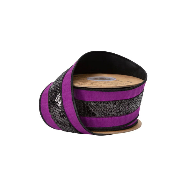 2 1/2" wired dupioni ribbon, vibrant purple fabric with eye-catching black sequin trim for glamorous party decor