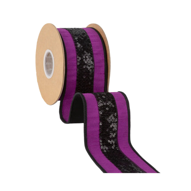 Bold purple dupioni wired ribbon,featuring shimmering black sequin band detailing for crafts
