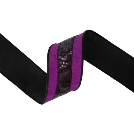 2 1/2" wired ribbon, deep purple dupioni fabric bordered by sparkly black sequin trim