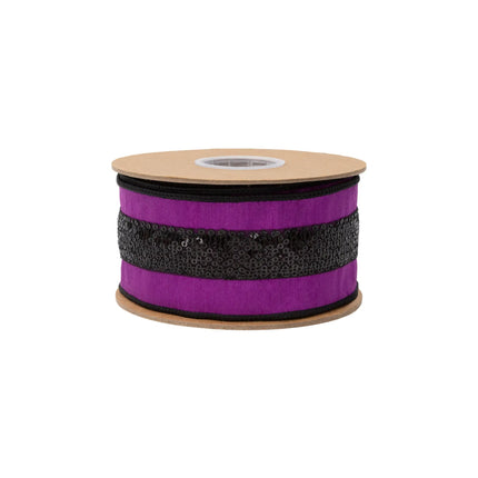 Eye-catching seasonal wired dupioni ribbon with rich purple base and glittering black sequin stripe accents