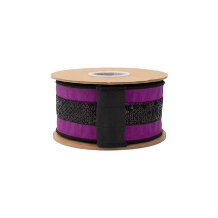 Premium 2 1/2" wired ribbon, smooth purple dupioni material accented with reflective black sequin trim