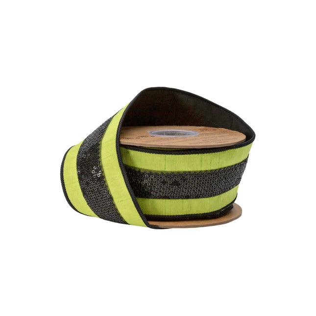 2 1/2" wired dupioni ribbon, bright lime green fabric with eye-catching black sequin trim for bold Halloween decor