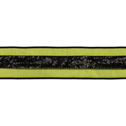 Spooky craft wired ribbon, striking lime green dupioni material finished with bold black sequin stripe detailing